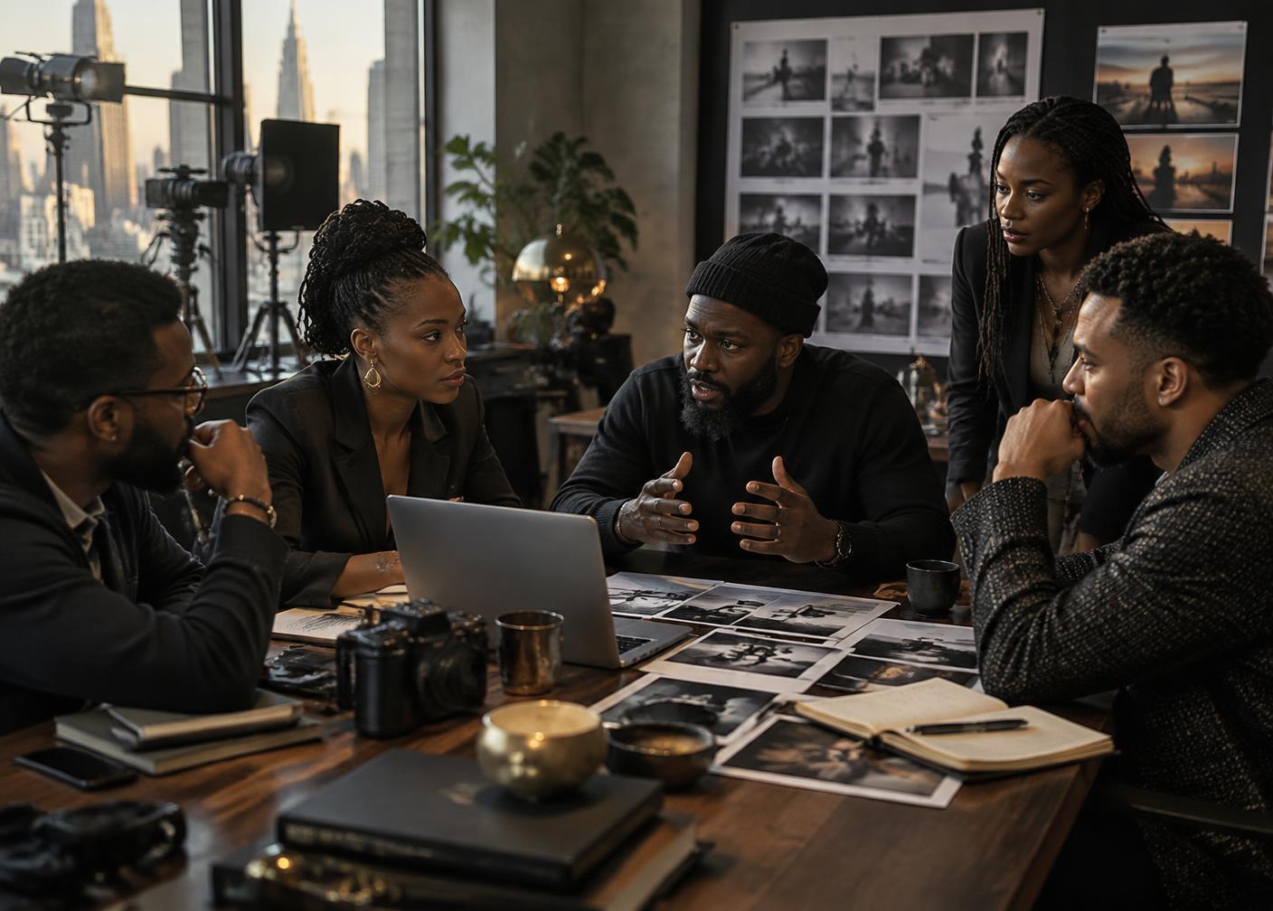 Film professionals in an international production meeting